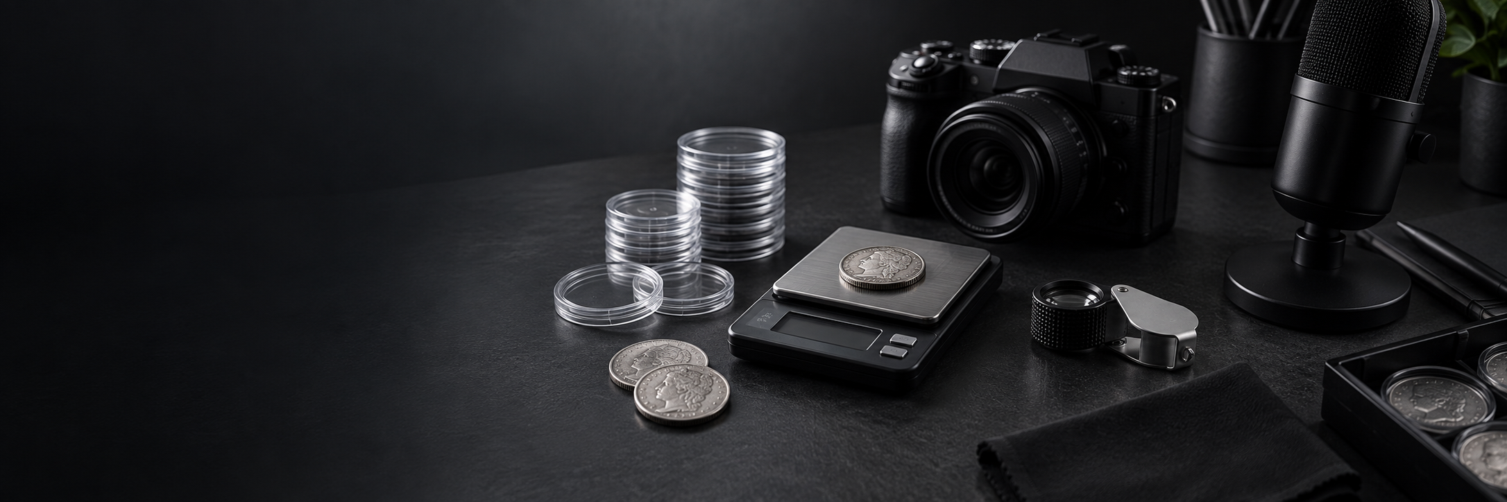 Coin collecting tools and camera equipment on a dark workbench