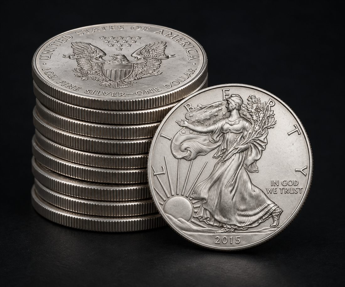 A stack of American Silver Eagle coins