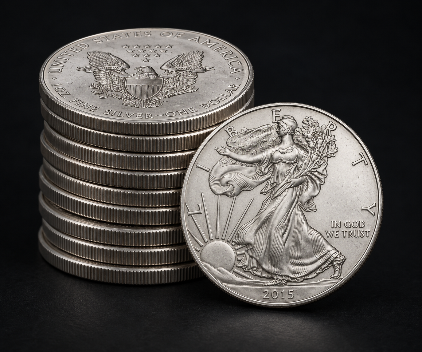 A stack of American Silver Eagle coins